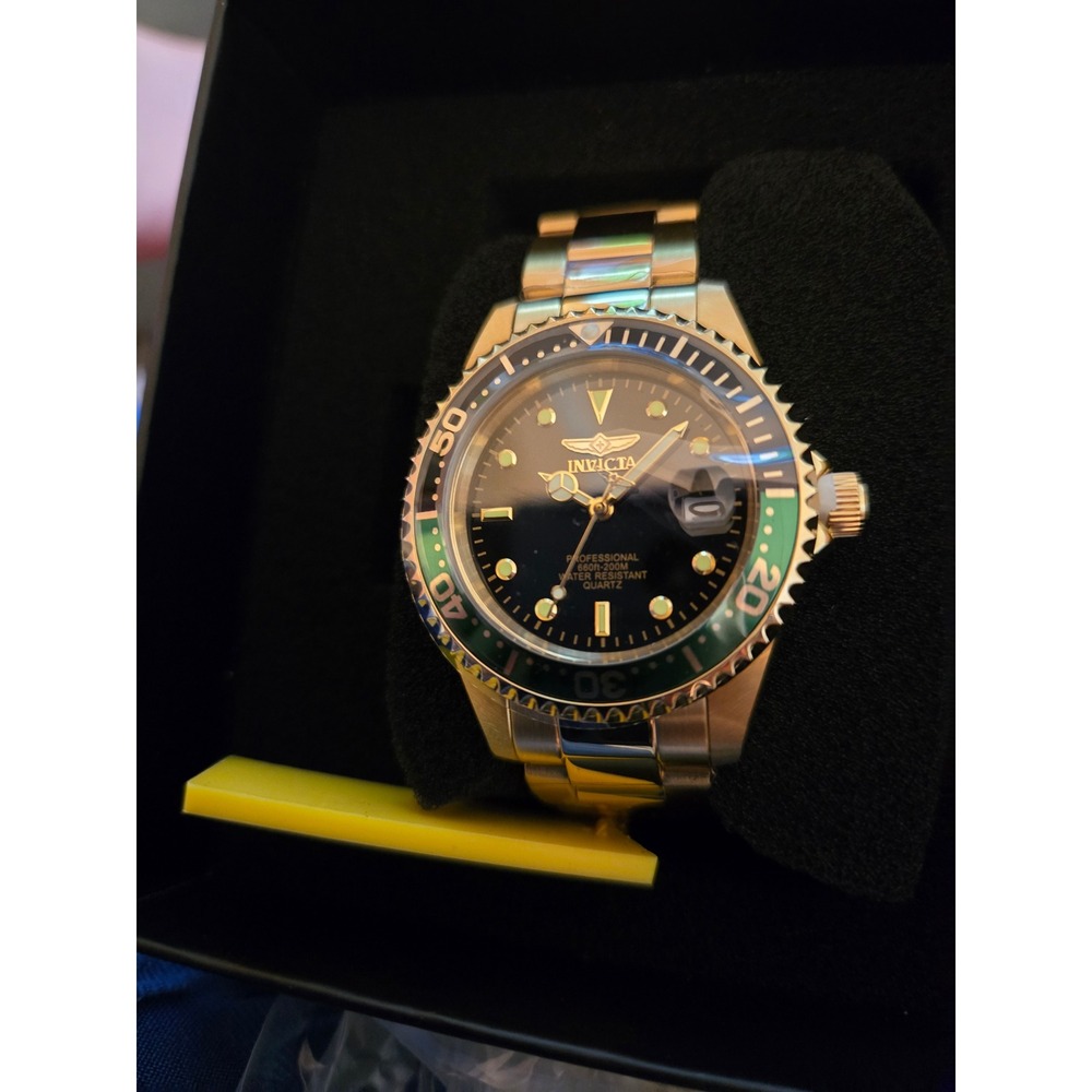 Invicta Pro Diver 48727 Men Quartz Two Tone Gold Silver Green Bezel Watch New